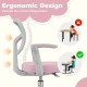 Kids desk chair in pink with adjustable armrest and footrest, designed for ergonomic comfort and correct sitting.