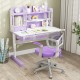 Kids study chair in purple with adjustable height, armrests, and footrest, designed for comfort and ergonomic support.