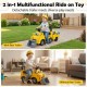 Kids digger ride-on truck with detachable trailer, shovel, and under-seat compartment for indoor and outdoor play.