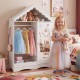 Kids dress-up storage wardrobe with mirror and open hanging rack, featuring a charming roof design for imaginative play.