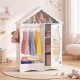 Kids dress-up storage wardrobe with a roof design, open hanging rack, and full-length mirror for organizing clothes.