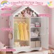 Kids dress-up storage wardrobe in white with open hanging rack, roof design, and full-length mirror for organized play.