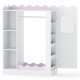 Kids dress-up storage in white and pink with shelves, hanging rack, and full-length mirror for organized playtime.