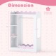 Kids dress up storage with mirrors, hanging rack, and shelves in pink, featuring dimensions for bedroom organization.
