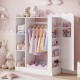 Kids dress up storage in pink with hanging rack, shelves, and full-length mirror for organized play and dressing.