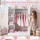 Kids dress up storage in pink with hanging rack, shelves, and mirror, perfect for organizing and fostering independence.