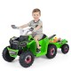 Kids electric ATV quad car in green with detachable trailer, designed for ages 3+, promoting motor skills and outdoor.