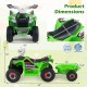 Green 6V Kids Electric ATV Quad Car with detachable trailer, featuring dimensions for safe and fun outdoor driving.