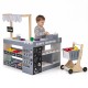 Wooden grocery store playset with a canopy and side shelves, ideal for imaginative role play and organized accessories.