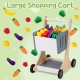 Large wooden shopping cart with colorful play food, designed for kids' imaginative grocery store role play.