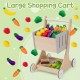 Large wooden shopping cart with colorful vegetable toys, ideal for kids' imaginative grocery store play.