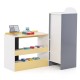 Kids grocery store playset with cash register, three shelves, and 13 toy food items for imaginative role play.