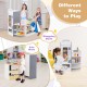 Kids grocery store playset with cash register, featuring shelves, toy food, and a chalkboard for imaginative role play.