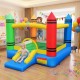 Brightly colored kids inflatable bounce house with a slide and mesh walls, designed for safe group play and fun.