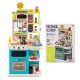 Kids kitchen playset in blue with a realistic clock, fridge, and storage shelves, perfect for organizing pretend.
