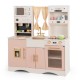 Kids kitchen playset in pink featuring a microwave, coffee maker, and sink, perfect for imaginative cooking fun.