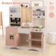 Kids kitchen playset in pink featuring a microwave, coffee maker, and double stoves for imaginative cooking fun.