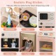 Kids kitchen playset featuring a pink microwave, coffee maker, and double stove for imaginative cooking fun.