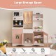 Kids kitchen playset in pink featuring a microwave, coffee maker, and ample storage for imaginative cooking fun.