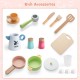 Colorful wooden kitchen accessories including cups, utensils, and containers for imaginative play in kids' kitchen sets.