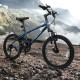 Kids mountain bike in navy blue with 20-inch wheels, adjustable saddle, and suspension fork for smooth rides on various.