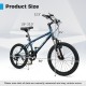 Product size chart for Kids Mountain Bike 20 Inch, showing dimensions for adjustable saddle and handlebar height.