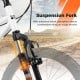 Close-up of the suspension fork on a Kids Mountain Bike, featuring advanced shock absorption for smooth riding on rough.