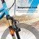 Kids mountain bike with a blue suspension fork, designed for smooth rides on rough terrains for children aged 8+.
