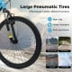 Large pneumatic tires on a kids mountain bike, non-slip and wear-resistant, designed for various terrains.