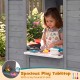 Kids outdoor playhouse with gray wooden cottage, featuring a spacious play tabletop and toy sink for imaginative play.