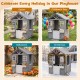 Kids outdoor playhouse in gray spruce wood, featuring a sink and half door, ideal for holiday celebrations.