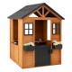 Kids outdoor playhouse with sink, natural spruce wood, half door, and flower pots, perfect for imaginative play.