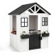 Kids outdoor playhouse with a sink, wooden roof, and half door, crafted from spruce wood for imaginative play.