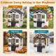 Kids outdoor playhouse with sink, crafted from spruce wood, featuring a half door and flower pots for imaginative play.