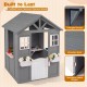 Kids outdoor playhouse in gray spruce wood featuring a half door, sink, and premium metal hinges for durability.