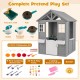 Kids outdoor playhouse in gray with sink, half door, and 14-piece tableware kit for imaginative play.