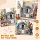 Kids outdoor playhouse in gray with sink, featuring a half door, perfect for imaginative play and social skills.