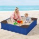 Kids outdoor sandbox in navy with 4 corner seats, featuring a waterproof cover for safe, fun play at the beach.