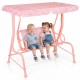 Kids patio swing with pink adjustable canopy, featuring two seats and safety belts, perfect for outdoor fun.