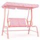 Kids patio swing 2-seater in pink with adjustable canopy and playful patterns, perfect for outdoor fun and safety.