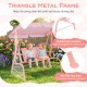 Kids patio swing with adjustable canopy, pink triangle metal frame, and comfortable 2-seat design for outdoor fun.