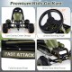 Kids pedal go kart in green with steering wheel, gear shifter, and handbrake for safe outdoor fun and easy operation.
