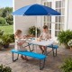 Kids picnic table with blue benches and umbrella, perfect for crafts and outdoor play, seats up to 4 children.