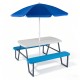 Kids picnic table with blue benches and a foldable umbrella, perfect for indoor and outdoor activities.