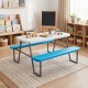 Kids picnic table with blue benches, durable HDPE surface, perfect for indoor or outdoor play and activities.