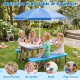 Kids picnic table and stool set in blue with umbrella, perfect for outdoor activities like picnics and crafts.