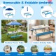 Kids picnic table with blue benches and removable umbrella, perfect for indoor and outdoor activities. Seats up to 4.