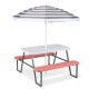 Kids picnic table with pink benches and a foldable striped umbrella, perfect for indoor or outdoor fun and activities.