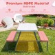 Kids picnic table with pink benches, made of HDPE material, perfect for outdoor fun and crafts, seats up to 4.