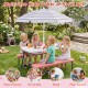 Kids picnic table set with pink benches and a foldable umbrella, perfect for outdoor play, crafts, and picnics.